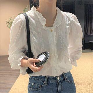 Puff-sleeve Frill Trim Embroidered Blouse As Shown In Figure - One Size