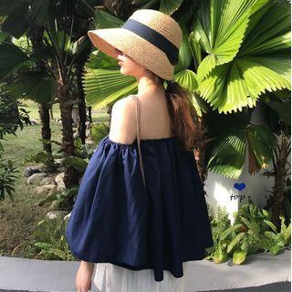 Off Shoulder Puff-sleeve Top Navy Blue - One Size