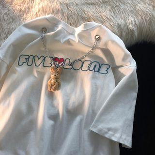 Short-sleeve Lettering Embroidered Chained T-shirt