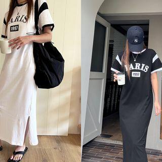 Letter Print Two-tone Maxi T-shirtdress