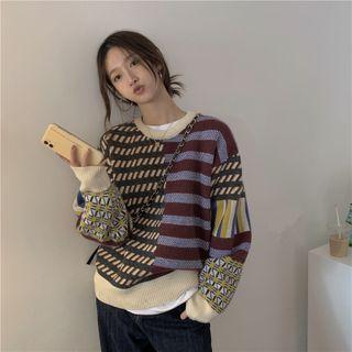 Crew-neck Color-block Sweater Purple&khaki - One Size