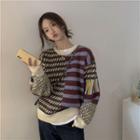 Crew-neck Color-block Sweater Purple&khaki - One Size