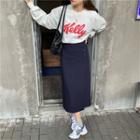Long-sleeve Printed Sweatshirt / High-waist Plain Midi Skirt