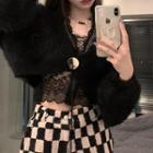 Crop Cardigan / Lace Camisole / Checker Print Wide Leg Pants