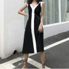 Contrast Trim Sleeveless Midi Knit Dress As Shown In Figure - One Size