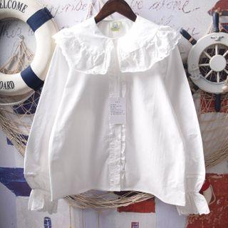 Long-sleeve Peter Pan-collar Lace Plain Blouse White - One Size
