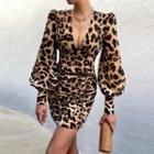 Bishop-sleeve Plunge Leopard Print Mini Bodycon Dress