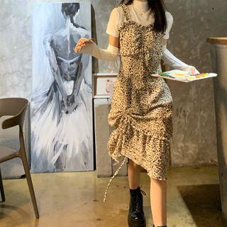 Leopard Print Asymmetrical Midi Overall Dress