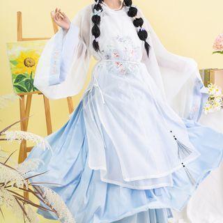 Chinese Hanfu Set Of 3: Embroidered Long-sleeve Long Coat + Tank Top + Semi-body Maxi Dress
