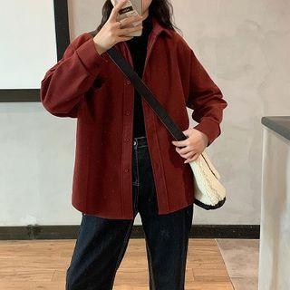 Plain V-neck Loose-fit Single-breasted Long-sleeve Blouse