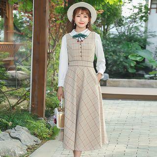 Plain Shirt With Tie / Bow Accent Double Placket Plaid Jacket / Midi Jumper A-line Dress / Set