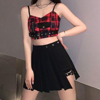 Plaid Cropped Camisole Top / Belted Pleated A-line Skirt / Set