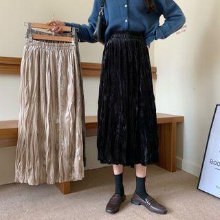 Elastic-waist Velvet Accordion Pleat A-line Midi Skirt