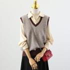 V-neck Striped Oversize Vest / Plain Oversize Shirt / High-waist Plain A-line Skirt