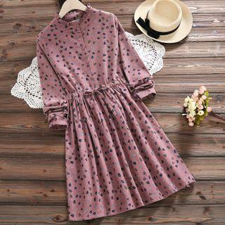 Leaf Print Drawstring Long-sleeve A-line Dress