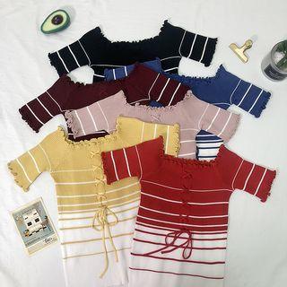 Short-sleeve Color Block Striped Off-shoulder Top
