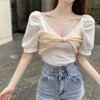 Bow V-neck Puff-sleeve Blouse