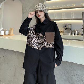 Long-sleeve Leopard Panel Button-up Shirt