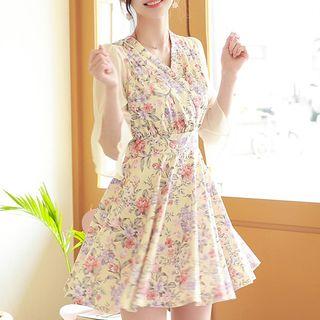 Chiffon-sleeve Floral Flare Dress