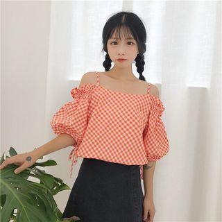 Gingham Open Shoulder Short-sleeve Blouse