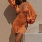 Plain Puff-sleeve Cut-out Mini Dress