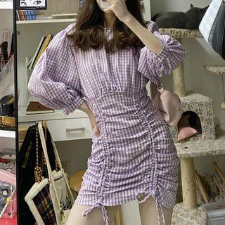 Balloon-sleeve Gingham Drawstring Sheath Dress As Shown In Figure - One Size
