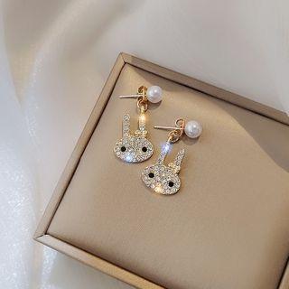 Rhinestone Rabbit Faux Pearl Dangle Earring 1 Pair - E1988 - Gold - One Size
