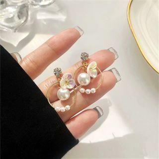 Flower Faux Pearl Rhinestone Drop Earring