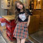 Short-sleeve Cat Print T-shirt / Plaid Buckled A-line Skirt