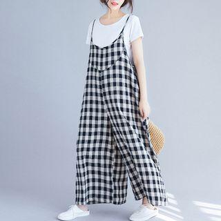 Plaid Spaghetti Strap Jumpsuit Black - One Size