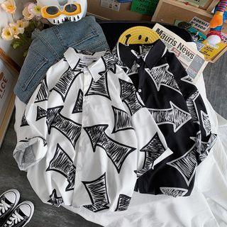 Elbow-sleeve Arrow Print Shirt