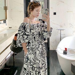 Off-shoulder Balloon-sleeve Print Midi Dress