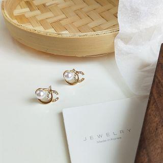 Faux Pearl Rhinestone Earring 1 Pair - 925 Silver - White & Gold - One Size