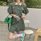 Puff-sleeve Collar Striped Mini Dress Green - One Size