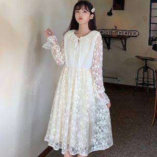 Lace Long-sleeve Midi A-line Dress Off-white - One Size