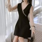 Faux Pearl Long-sleeve Mesh Panel A-line Dress