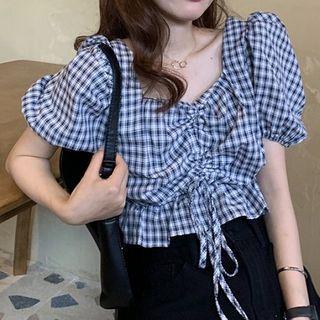 Plaid Drawstring Cropped Blouse As Shown In Figure - One Size