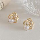 Flower Faux Pearl Rhinestone Earring A260 - 1 Pair - Gold - One Size