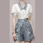 Set: Puff-sleeve Blouse + Print Shorts