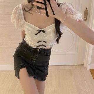 Bow Lace Cropped Blouse