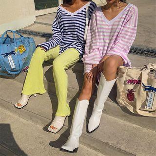 V-neck Deep-slit Boxy Striped T-shirt