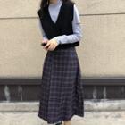 Mock-neck Long-sleeve Top / Knit Vest / Plaid Midi A-line Skirt