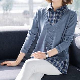 Mock Two-piece Lace Up Sweater
