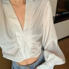 Shirred V-neck Long-sleeve Loose-fit Blouse White - One Size