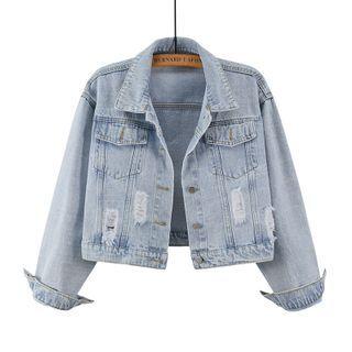 Cropped Ripped Denim Jacket