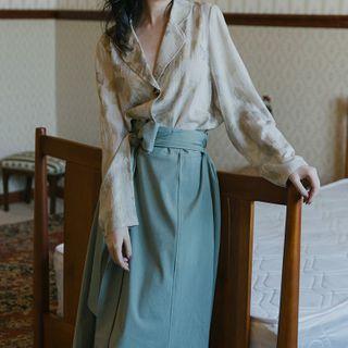 Set: Leaf Print Long-sleeve Blouse + Midi A-line Skirt