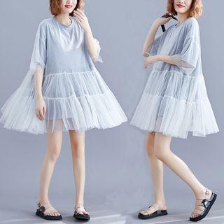 Elbow-sleeve Mesh Mini T-shirt Dress Gray - One Size