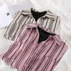Mock-two Striped Turtle-neck Long-sleeve Blouse