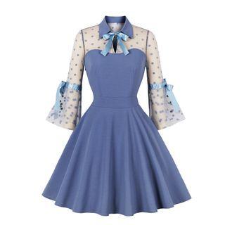 3/4-sleeve Collared Mesh Panel A-line Dress