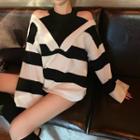 Mock Two-piece Striped Cold Shoulder Long-sleeve T-shirt As Shown In Figure - One Size